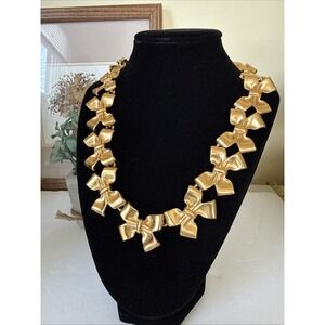 Talbots BOW RIBBON Necklace 16" Chunky Puffy Gold Tone Modern